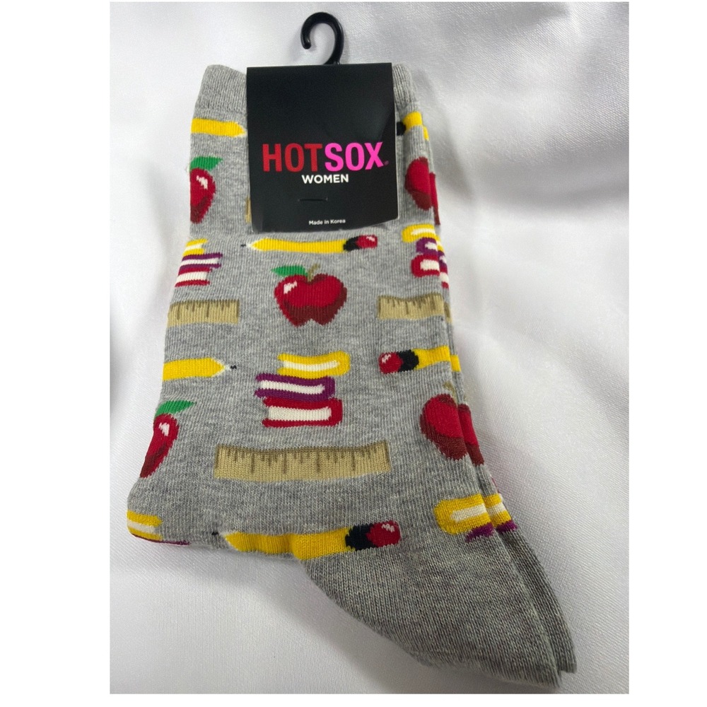 Hot Sox Back to School Novelty Crew Socks Womens 9-11 Gray Apple Pencil Teacher